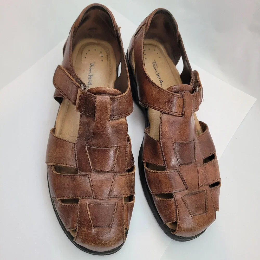 Thom McAn Fisherman Sandals Mens Brown Leather Woven Hook Loop Comfort 9